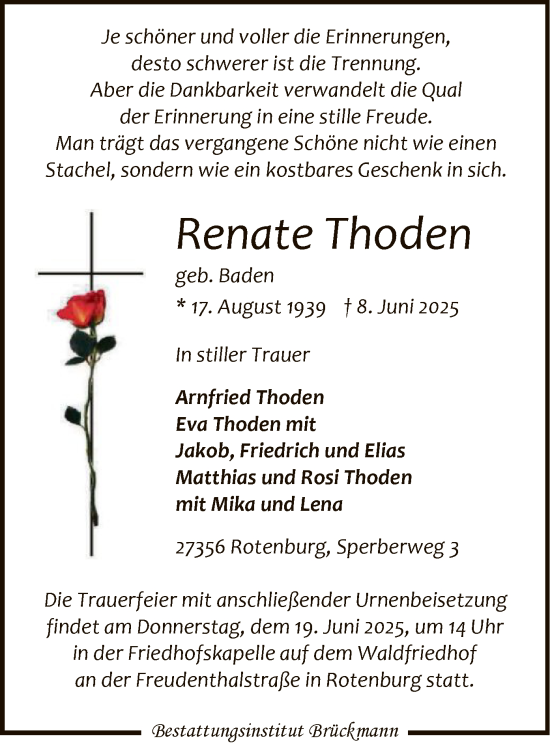 Todesanzeige von Renate Thoden von SYKR