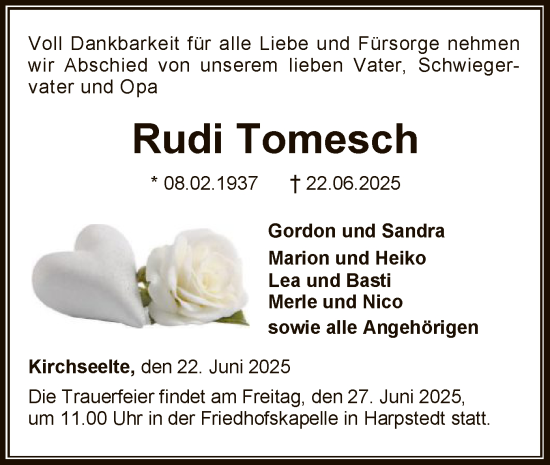 Todesanzeige von Rudi Tomesch von SYKSSYWZ