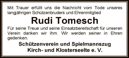 Todesanzeige von Rudi Tomesch von SYKSSYWZ