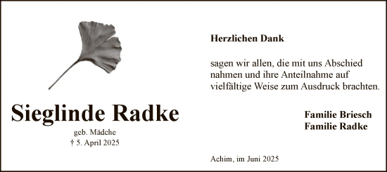 Todesanzeige von Siegline Radke von SYKS