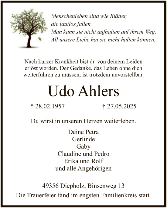 Todesanzeige von Udo Ahlers von SYKS