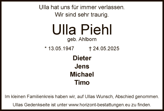 Todesanzeige von Ulla Piehl von SYKS