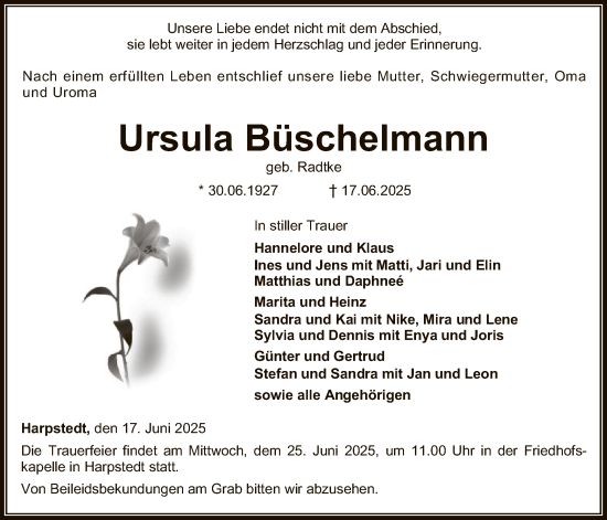 Todesanzeige von Ursula Büschelmann von SYKSSYWZ