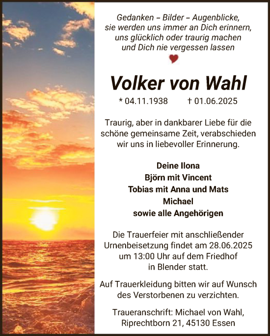Todesanzeige von Volker von Wahl von SYKS