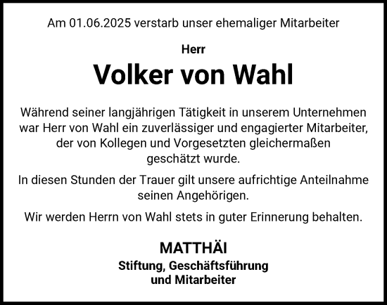 Todesanzeige von Volker von Wahl von SYKS