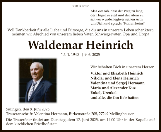 Todesanzeige von Waldemar Heinrich von SYKS