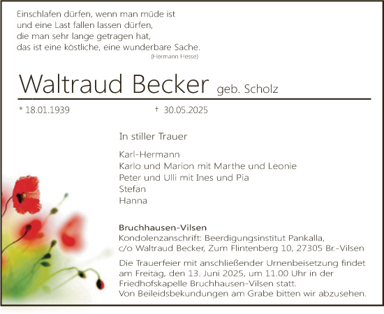 Todesanzeige von Waltraud Becker von SYKS