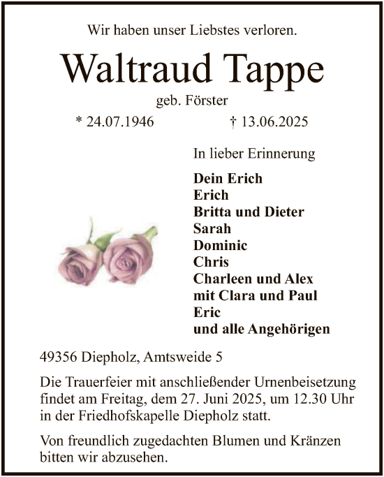 Todesanzeige von Waltraud Tappe von SYKS