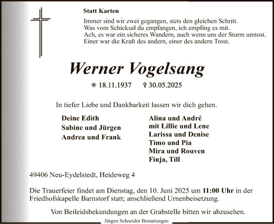 Todesanzeige von Werner Vogelsang von SYKS