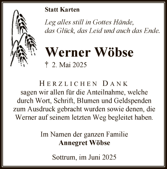 Todesanzeige von Werner Wöbse von SYKR