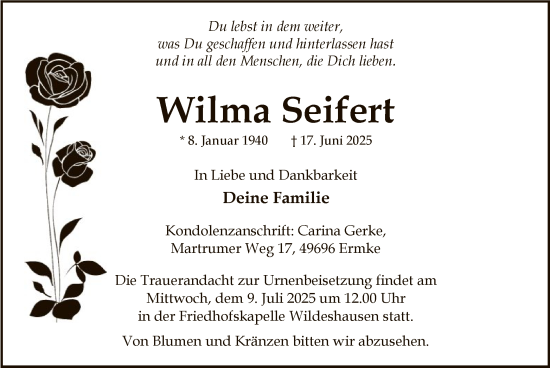 Todesanzeige von Wilma Seifert von SYWZ