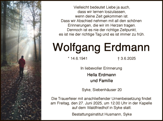 Todesanzeige von Wolfgang Erdmann von SYKS