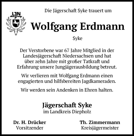 Todesanzeige von Wolfgang Erdmann von SYKS
