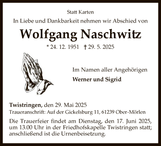 Todesanzeige von Wolfgang Naschwitz von SYKS