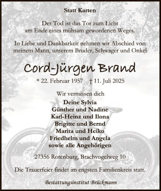 Todesanzeige von Cord-Jürgen Brand von SYKR