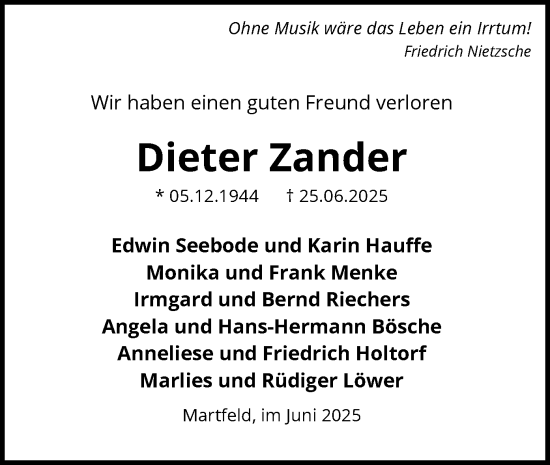 Todesanzeige von Dieter Zander von SYKS