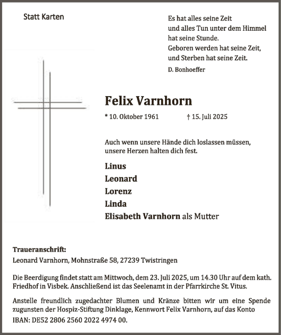 Todesanzeige von Felix Varnhorn von SYKS