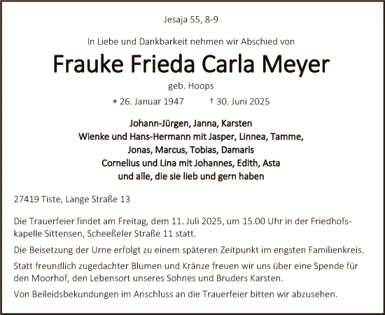 Todesanzeige von Frauke Frieda Carla Meyer von SYKR
