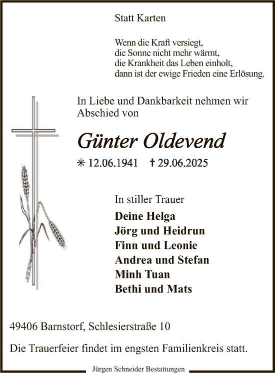 Todesanzeige von Günter Oldevend von SYKS