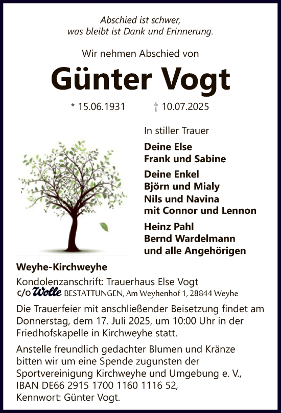 Todesanzeige von Günter Vogt von SYKS