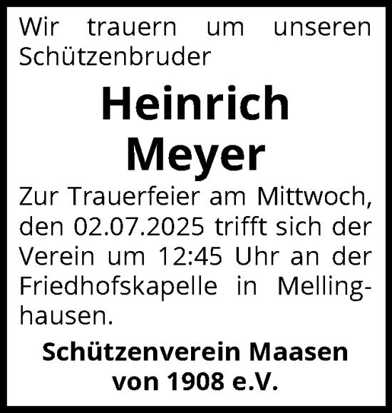 Todesanzeige von Heinrich Meyer von SYKS