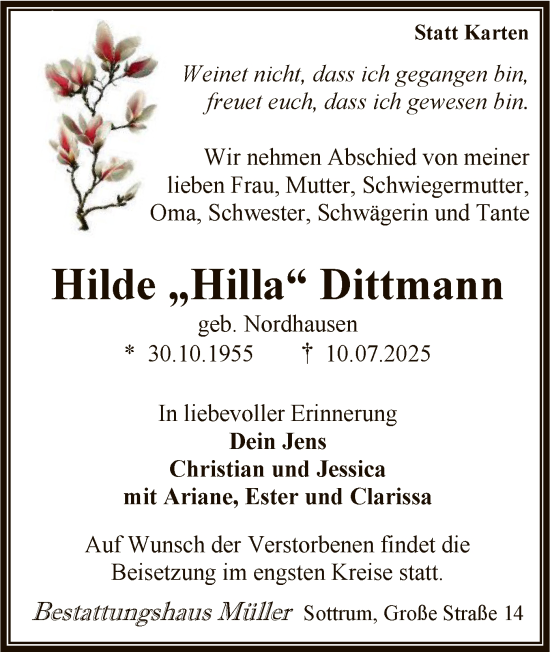 Todesanzeige von Hilde Dittmann von SYKR