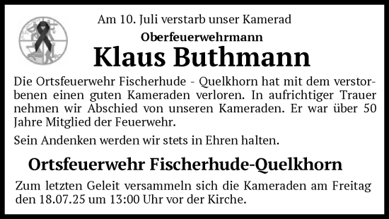 Todesanzeige von Klaus Buthmann von SYKS