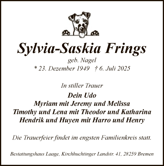 Todesanzeige von Sylvia-Saskia Frings von SYKS