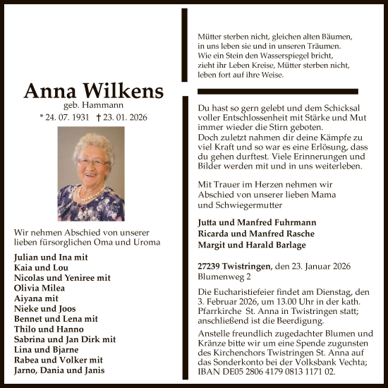 Todesanzeige von Anna Wilkens von SYKS