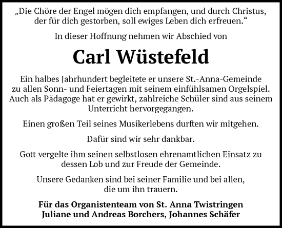 Todesanzeige von Carl Wüstefeld von SYKS