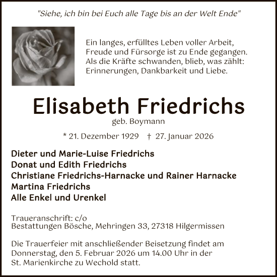 Todesanzeige von Elisabeth Friedrichs von SYKS