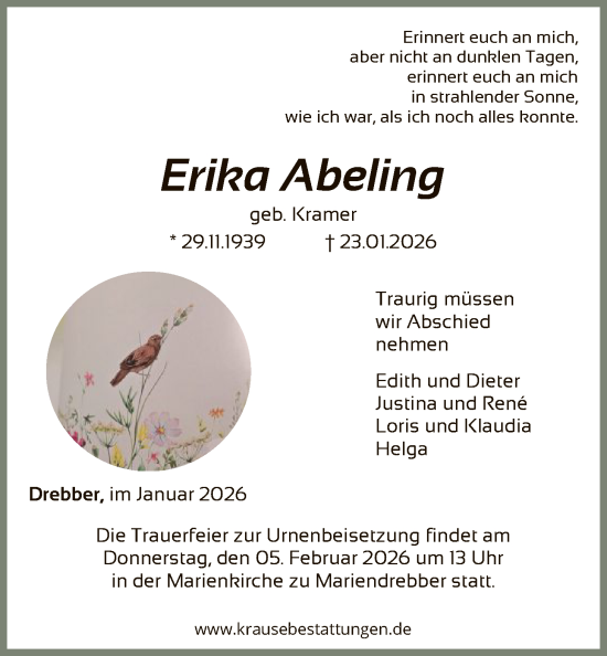 Todesanzeige von Erika Abeling von SYKS