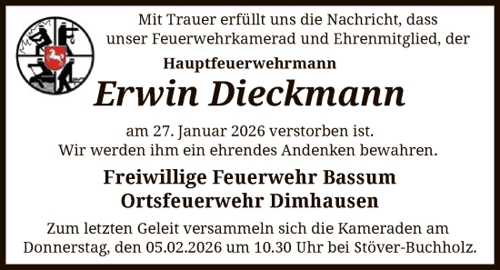 Todesanzeige von Erwin Dieckmann von SYKS