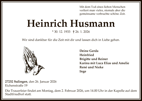 Todesanzeige von Heinrich Husmann von SYKS