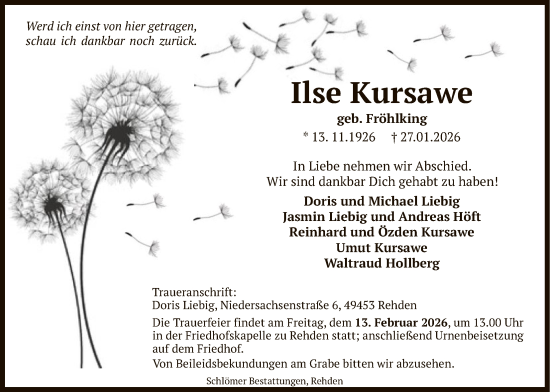 Todesanzeige von Ilse Kursawe von SYKS