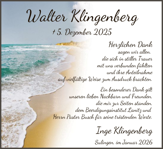 Todesanzeige von Walter Klingenberg von SYKS