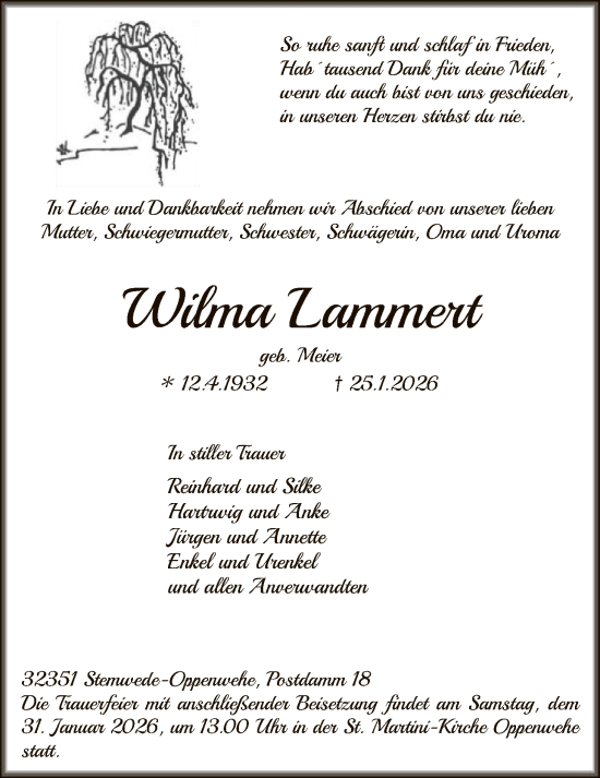 Todesanzeige von Wilma Lammert von SYKS