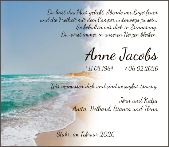 Todesanzeige von Anne Jacobs von SYKS