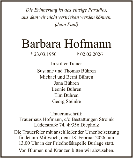 Todesanzeige von Barbara Hofmann von SYKS