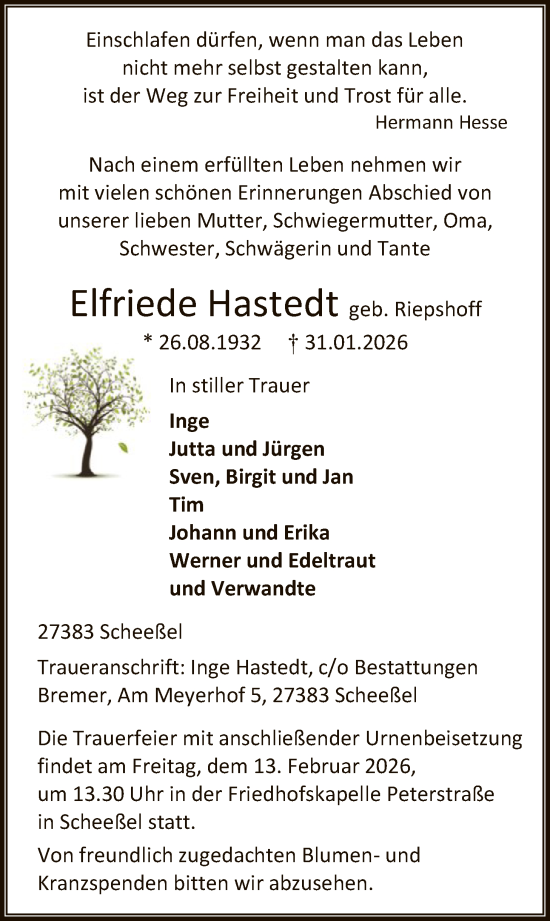 Todesanzeige von Elfriede Hastedt von SYKR