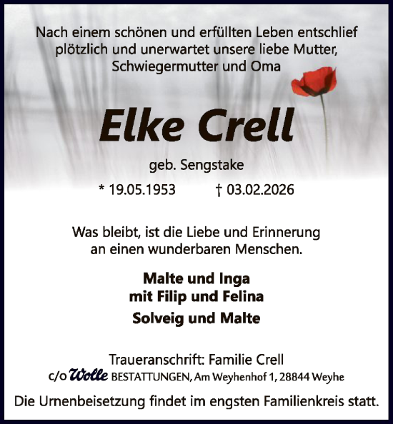 Todesanzeige von Elke Crell von SYKS