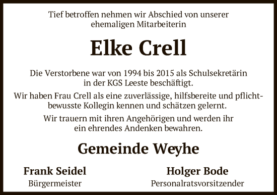 Todesanzeige von Elke Crell von SYKS