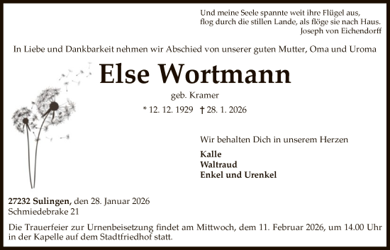 Todesanzeige von Else Wortmann von SYKS