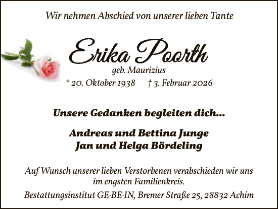 Todesanzeige von Erika Poorth von SYKS