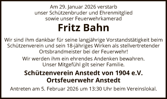 Todesanzeige von Fritz Bahn von SYKS