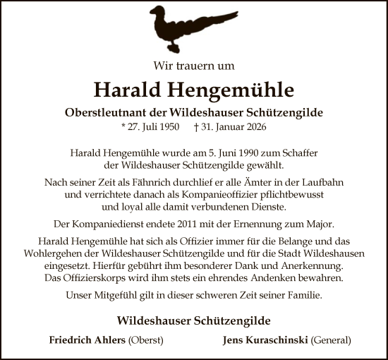 Todesanzeige von Harald Hengemühle von SYWZ