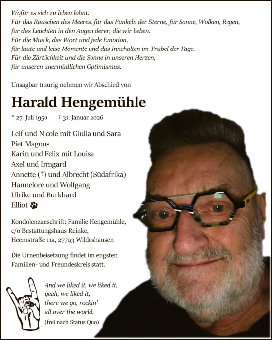 Todesanzeige von Harald Hengemühle von SYWZ