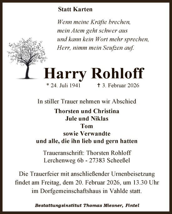 Todesanzeige von Harry Rohloff von SYKR