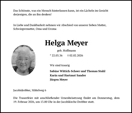 Todesanzeige von Helga Meyer von SYKS