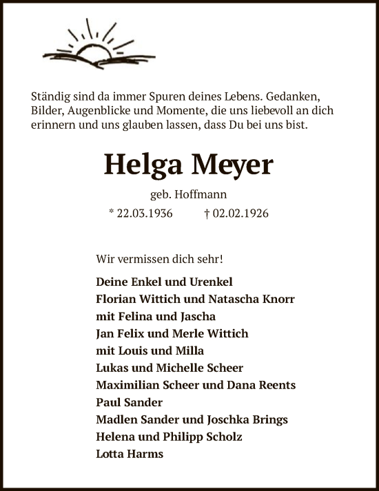 Todesanzeige von Helga Meyer von SYKS